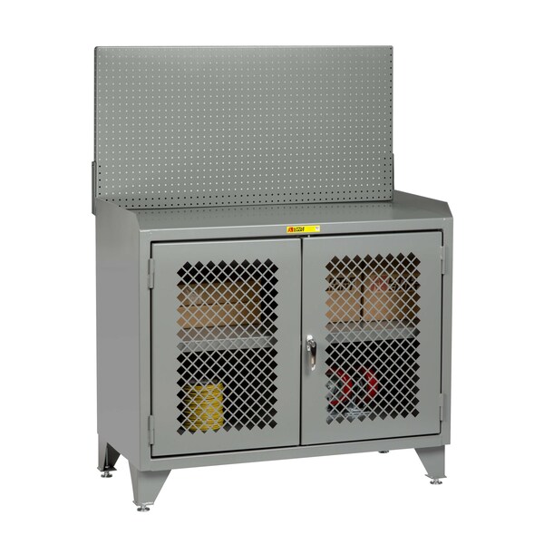 Counter Height Bench Cabinet, 36"W, Perf Doors, Steel Top, Pegboard